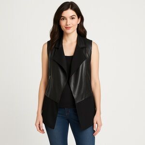 PURE DKNY Lamb Skin Leather & Fabric Waterfall Vest‎ Jacket Black Size P